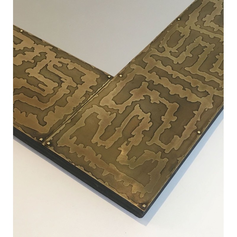 French Square Brass Mirror with Engraved Labyrinthine Frame