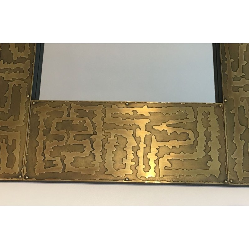French Square Brass Mirror with Engraved Labyrinthine Frame