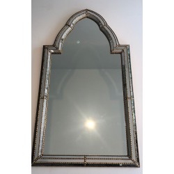 French Arched Mirror with Multi-Faceted Tile Frame and Brass Garlands