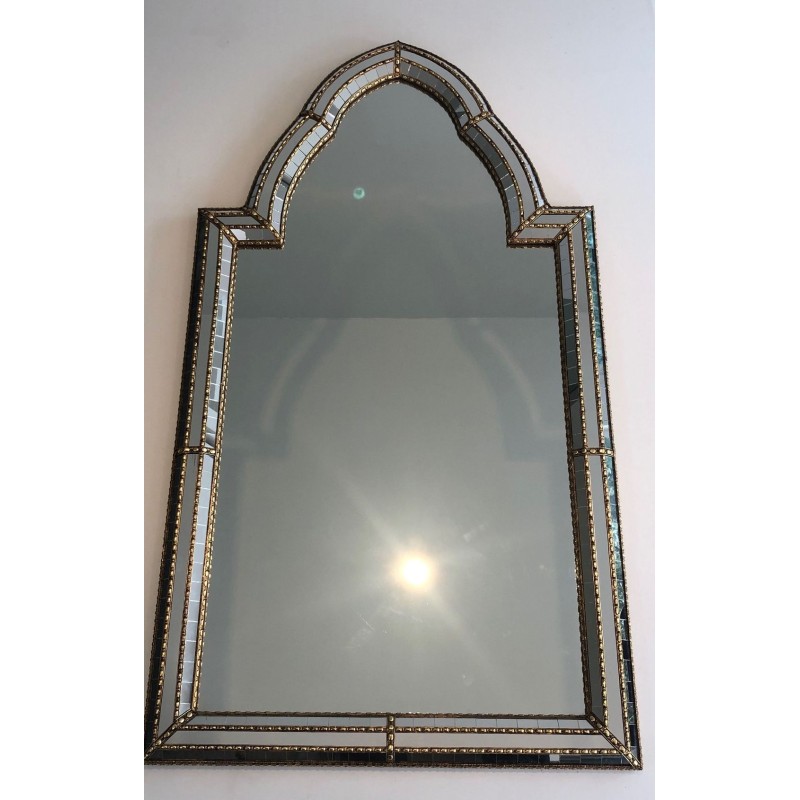 French Arched Mirror with Multi-Faceted Tile Frame and Brass Garlands
