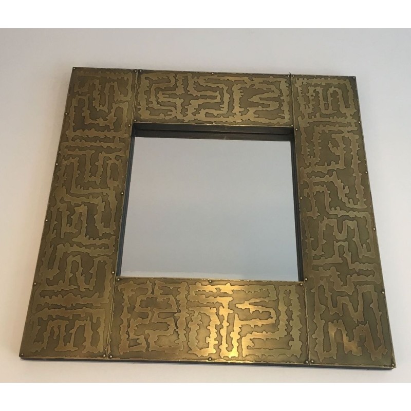 French Square Brass Mirror with Engraved Labyrinthine Frame