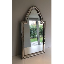 French Arched Mirror with Multi-Faceted Tile Frame and Brass Garlands