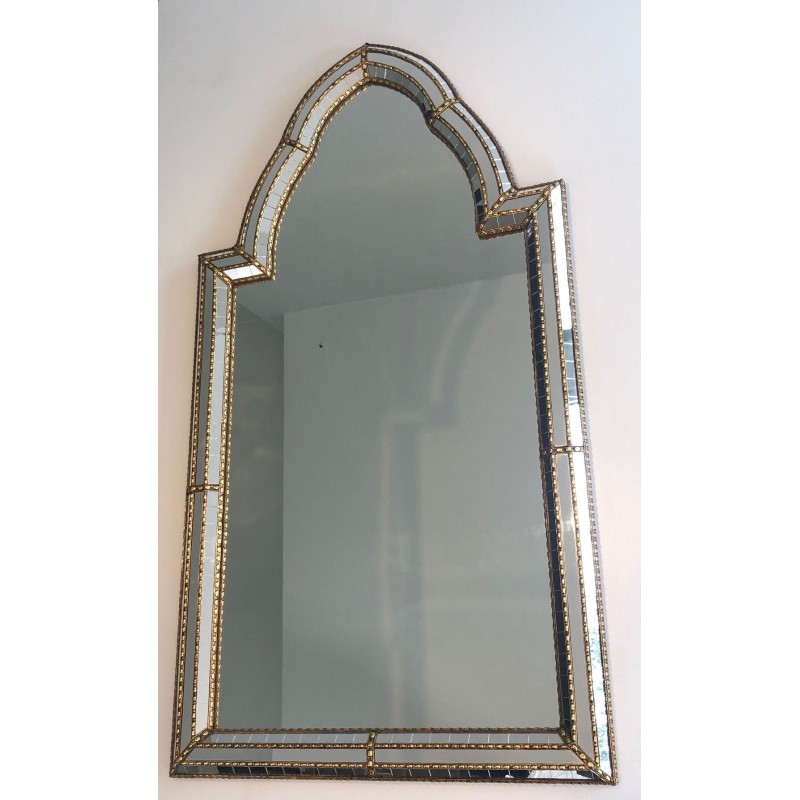 French Arched Mirror with Multi-Faceted Tile Frame and Brass Garlands