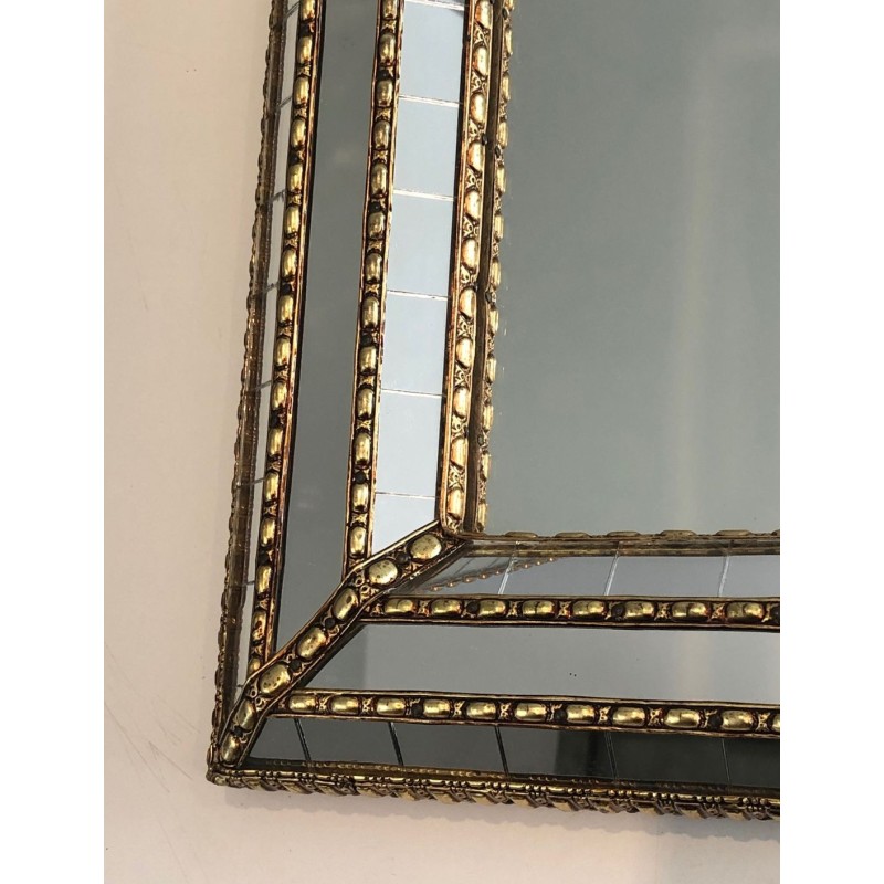 French Arched Mirror with Multi-Faceted Tile Frame and Brass Garlands
