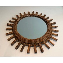 French Rattan Wall Mirror with Radiating Cylindrical Spoke Frame