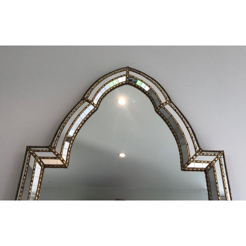 French Arched Mirror with Multi-Faceted Tile Frame and Brass Garlands
