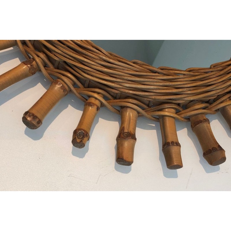 French Rattan Wall Mirror with Radiating Cylindrical Spoke Frame