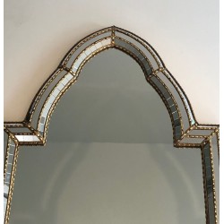 Grand Miroir Cintré à Cadre de Mosaïque Multi-Facettes et Guirlandes de Laiton