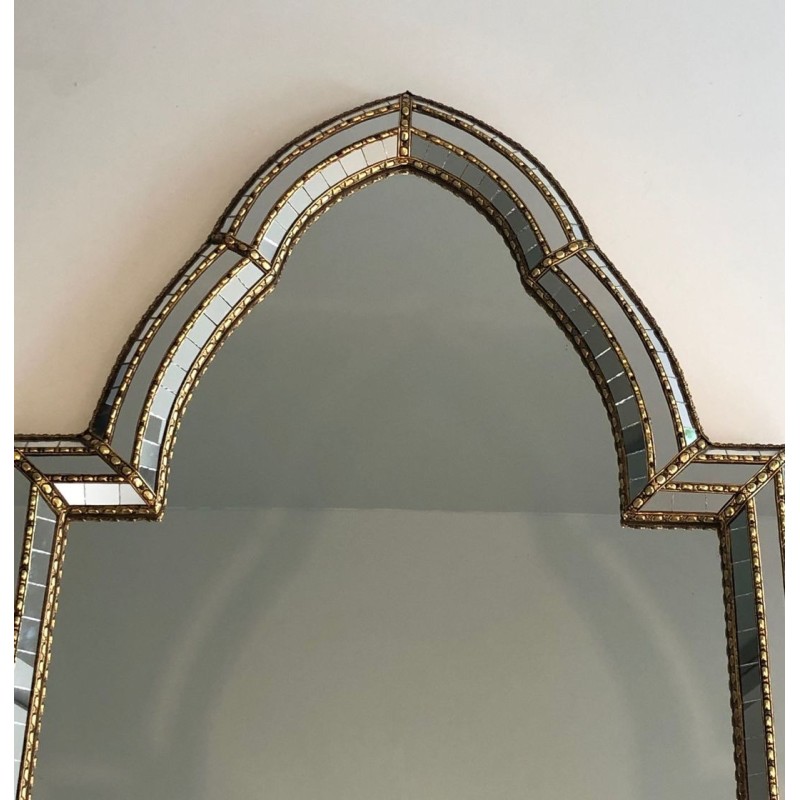 Grand Miroir Cintré à Cadre de Mosaïque Multi-Facettes et Guirlandes de Laiton