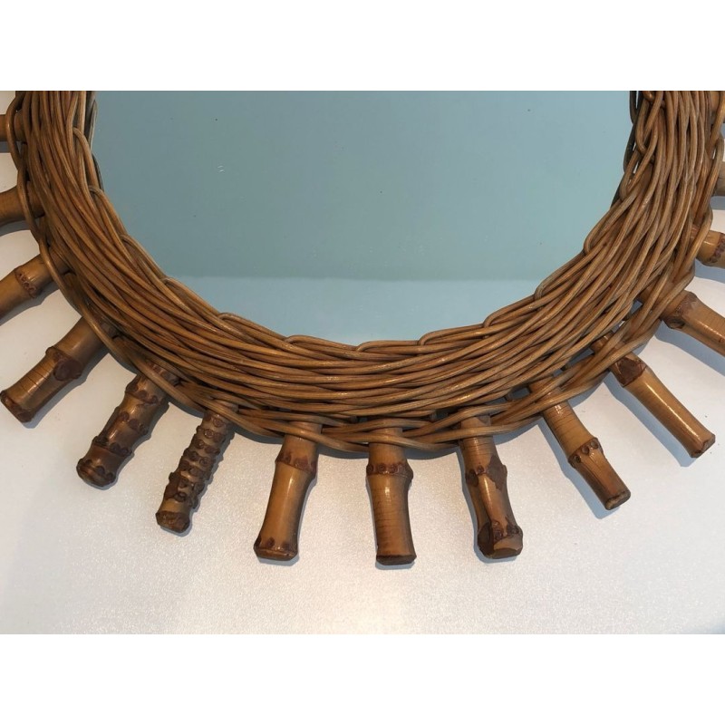 French Rattan Wall Mirror with Radiating Cylindrical Spoke Frame