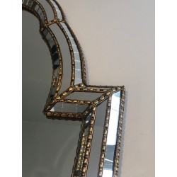 French Arched Mirror with Multi-Faceted Tile Frame and Brass Garlands