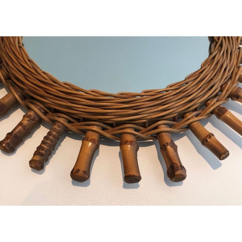 French Rattan Wall Mirror with Radiating Cylindrical Spoke Frame
