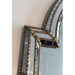 French Arched Mirror with Multi-Faceted Tile Frame and Brass Garlands