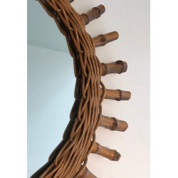 French Rattan Wall Mirror with Radiating Cylindrical Spoke Frame