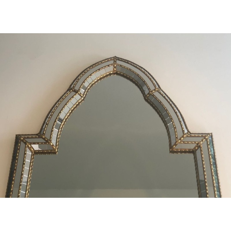 Grand Miroir Cintré à Cadre de Mosaïque Multi-Facettes et Guirlandes de Laiton