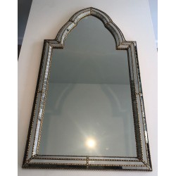 French Arched Mirror with Multi-Faceted Tile Frame and Brass Garlands