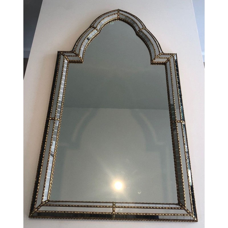 Grand Miroir Cintré à Cadre de Mosaïque Multi-Facettes et Guirlandes de Laiton