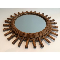French Rattan Wall Mirror with Radiating Cylindrical Spoke Frame