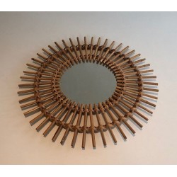 French Rattan Sunburst Wall Mirror with Double Crown