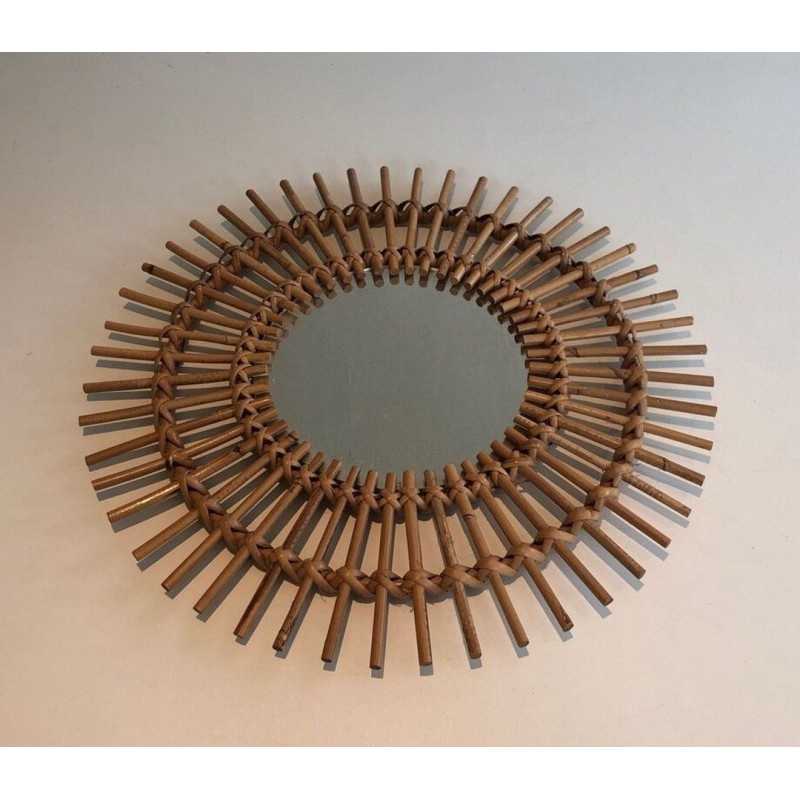 French Rattan Sunburst Wall Mirror with Double Crown