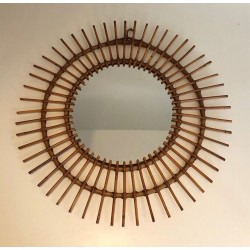 French Rattan Sunburst Wall Mirror