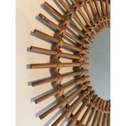 French Rattan Sunburst Wall Mirror with Double Crown