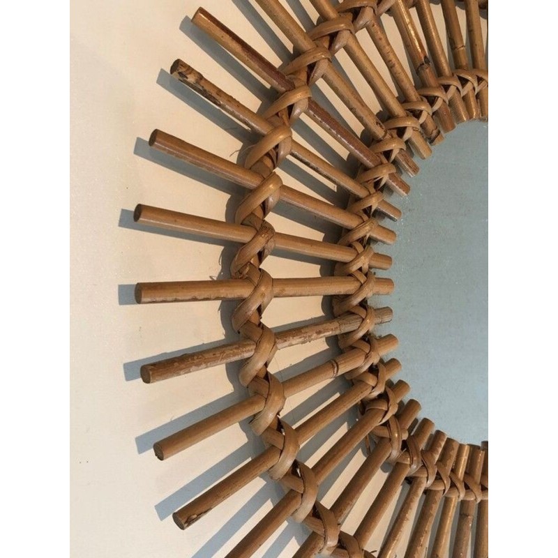French Rattan Sunburst Wall Mirror with Double Crown