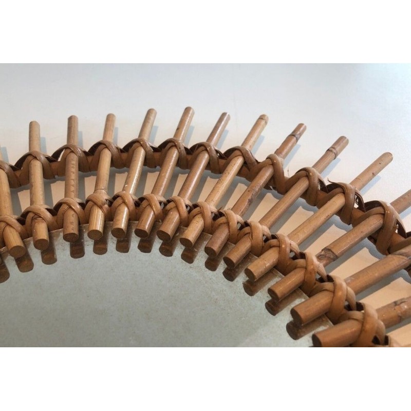 French Rattan Sunburst Wall Mirror with Double Crown