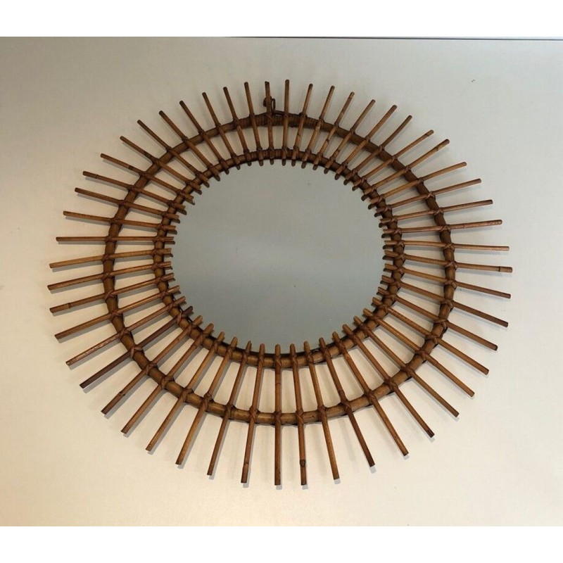French Rattan Sunburst Wall Mirror