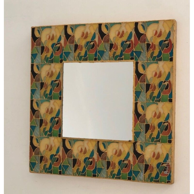 Miroir Carré en Céramique à Décor Floral Polychrome