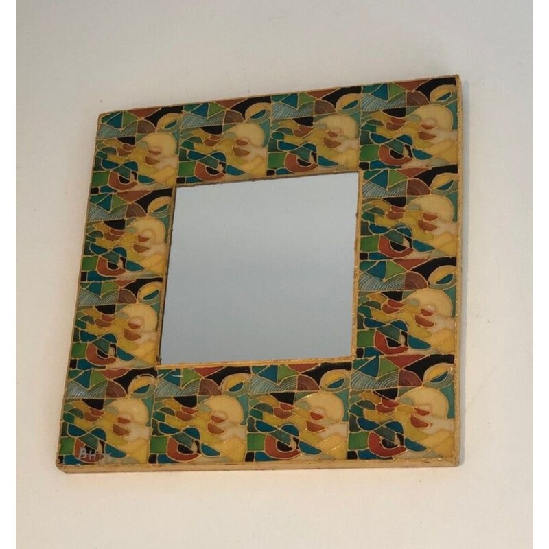 French Square Ceramic Mirror with Polychrome Floral Frame