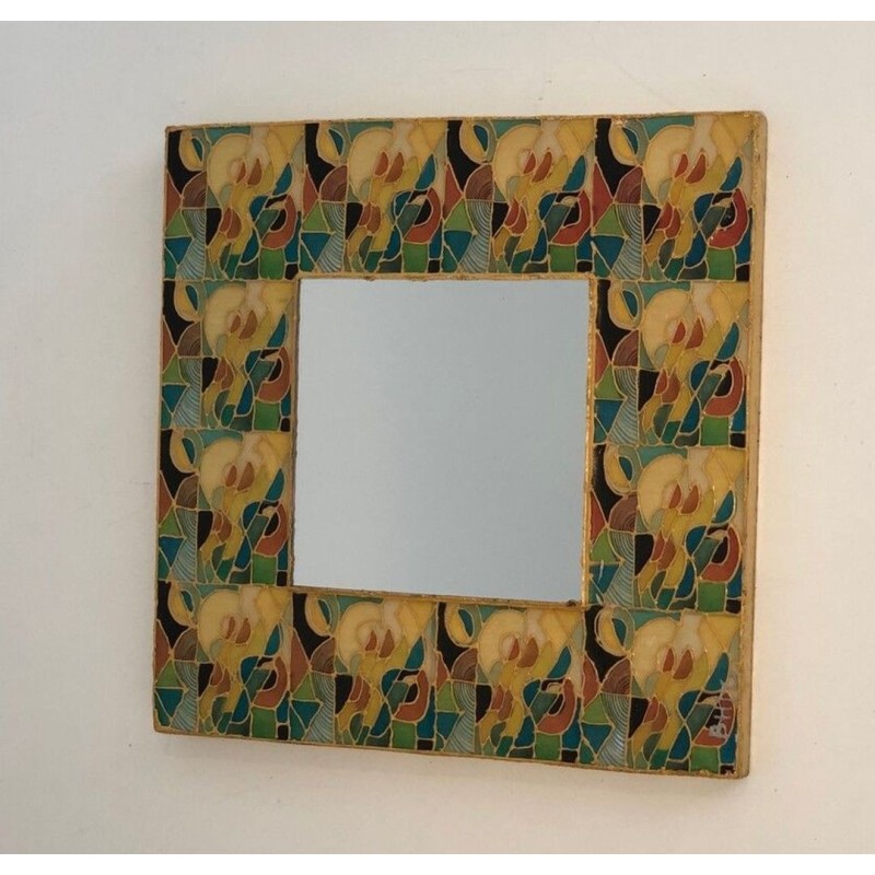 French Square Ceramic Mirror with Polychrome Floral Frame