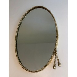 Oval Brass Mirror with Pompom Cord, in the Style of Maison Baguès