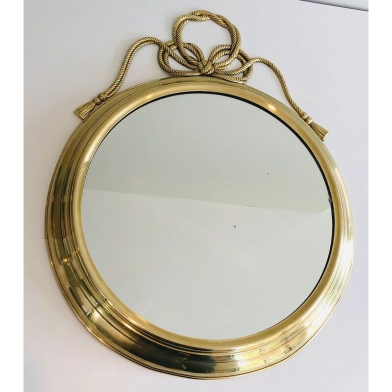 Grand Miroir Décoratif Oval en Laiton orné d'un Important Noeud Torsadé