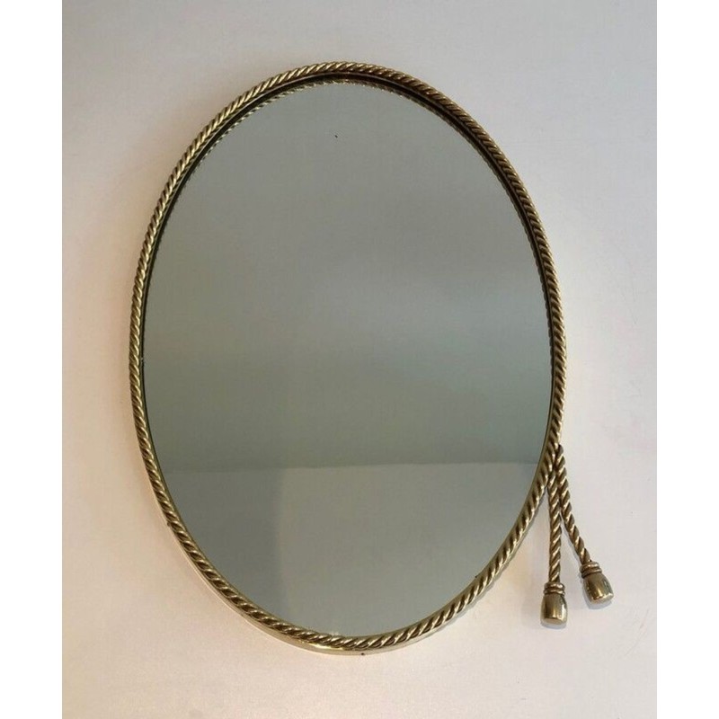 Miroir Ovale en Laiton à Cordelette et Pompons dans le Goût de la Maison Baguès