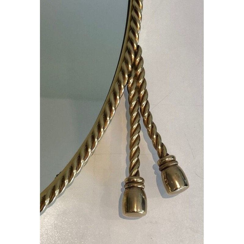 Oval Brass Mirror with Pompom Cord, in the Style of Maison Baguès