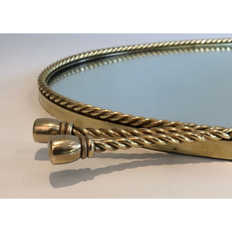 Oval Brass Mirror with Pompom Cord, in the Style of Maison Baguès