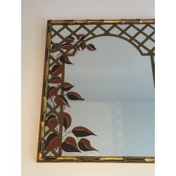 Miroir Décoratif Façon Faux-Bamboo en Bois Doré et Décor Floral Imprimé