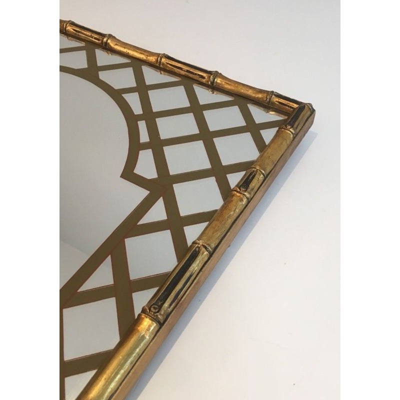 Miroir Décoratif Façon Faux-Bamboo en Bois Doré et Décor Floral Imprimé