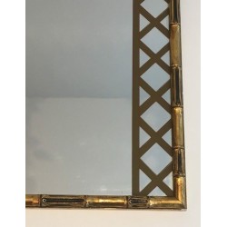 Decorative Faux-Bamboo Gilt Wood Mirror with Printed Floral Decor