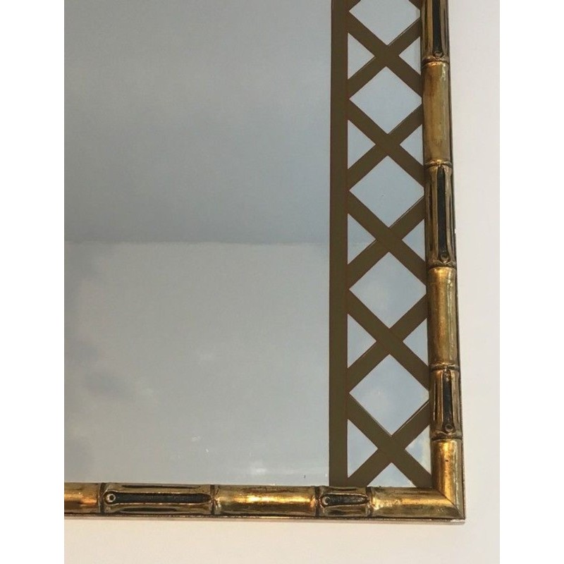 Decorative Faux-Bamboo Gilt Wood Mirror with Printed Floral Decor