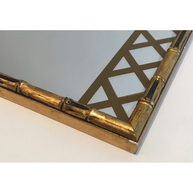 Miroir Décoratif Façon Faux-Bamboo en Bois Doré et Décor Floral Imprimé