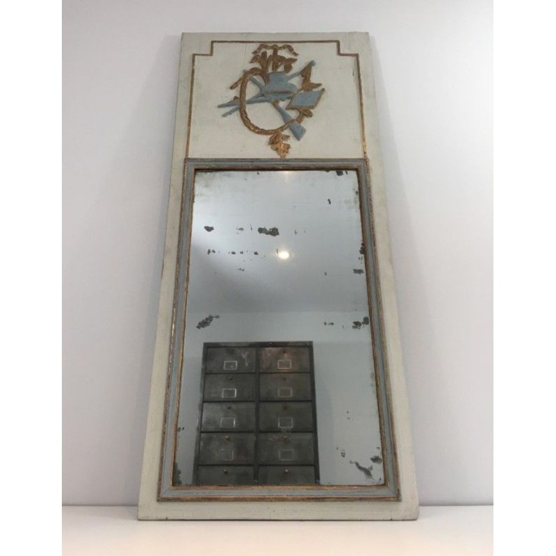 Louis XVI Style Carved Wood Painted Trumeau Mirror