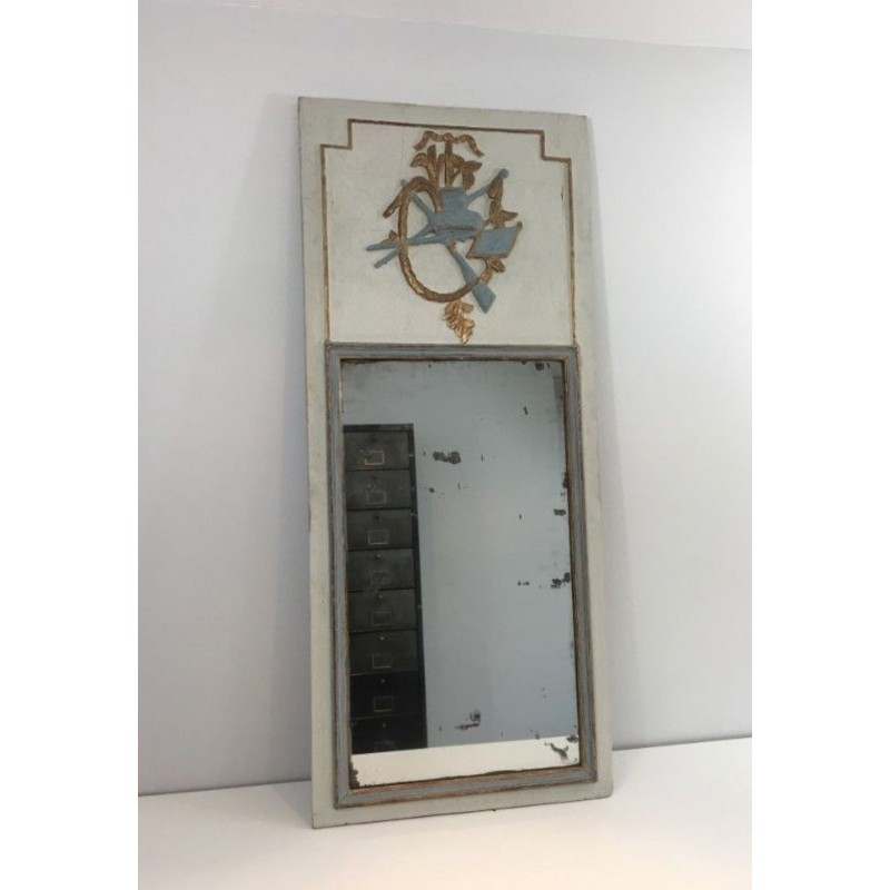 Louis XVI Style Carved Wood Painted Trumeau Mirror