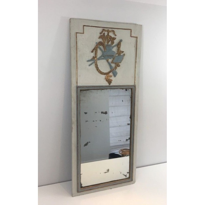 Louis XVI Style Carved Wood Painted Trumeau Mirror