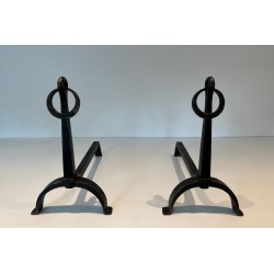 Paire de Chenets en Fer Forgé dans le Goût de Jacques Adnet