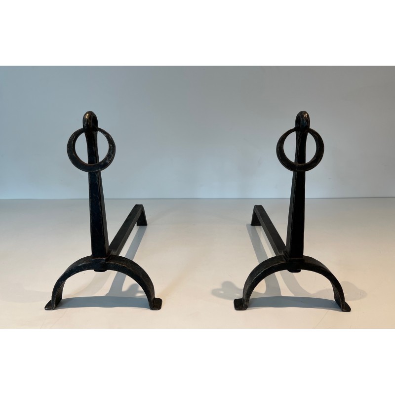 Pair of Wrought Iron Andirons in the style of Jacques Adnet
