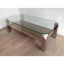 Octagonal Chrome Coffee Table with Clear Glass and Mirror