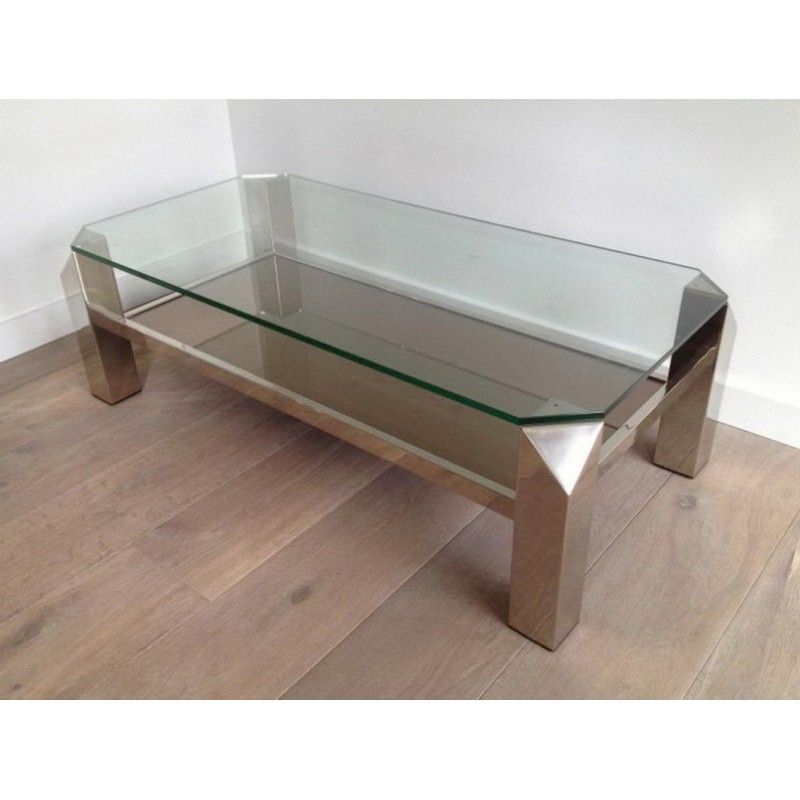 Table Basse Octogonale en Chrome à Plateaux de Verre et Miroir
