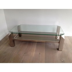 Table Basse Octogonale en Chrome à Plateaux de Verre et Miroir